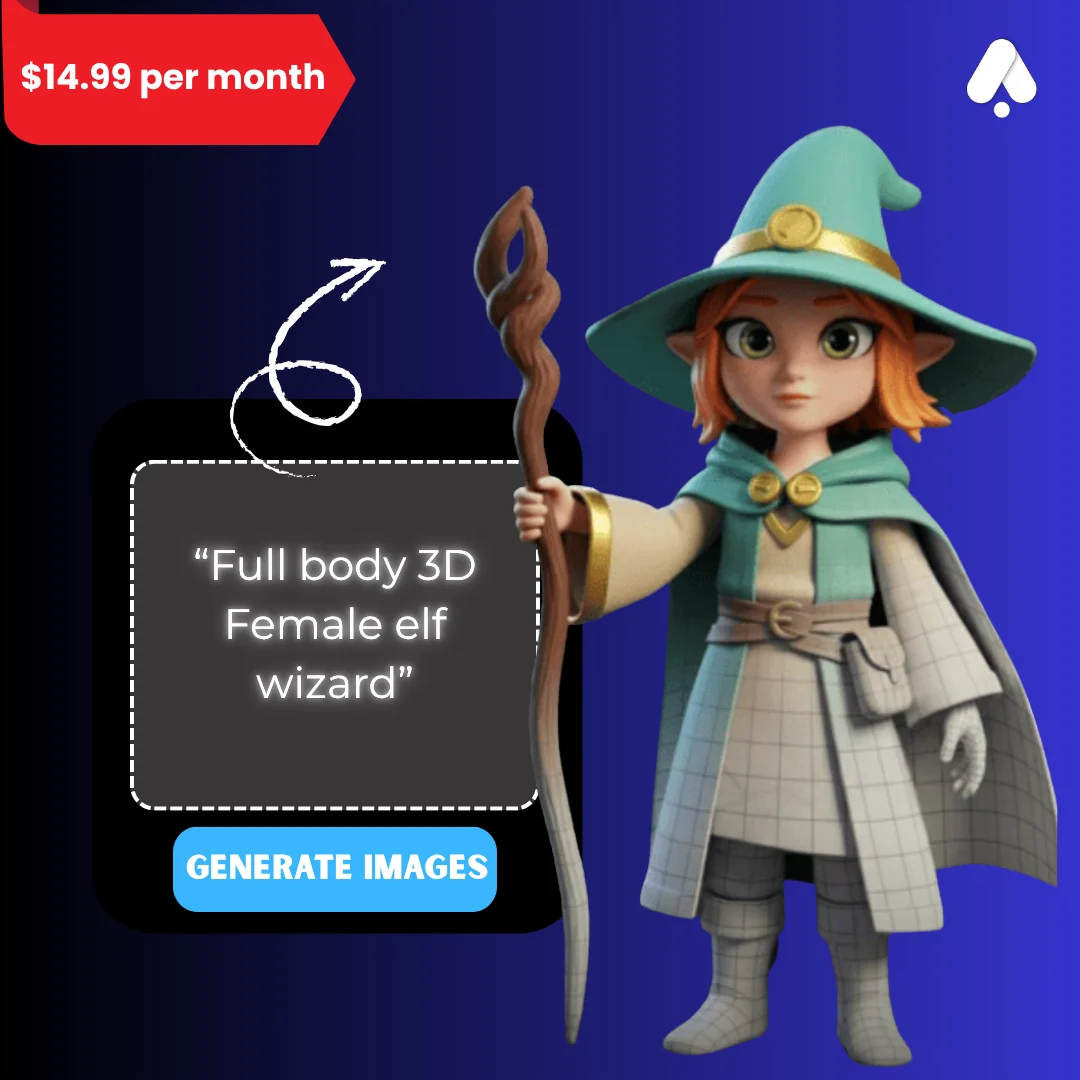 3D AI Studio Reddit ad showing a text prompt and the 3D character it generated