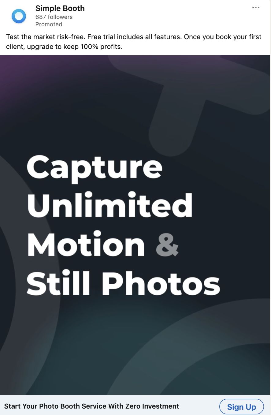 Simple Booth DTC Meta ad — start your photo booth service